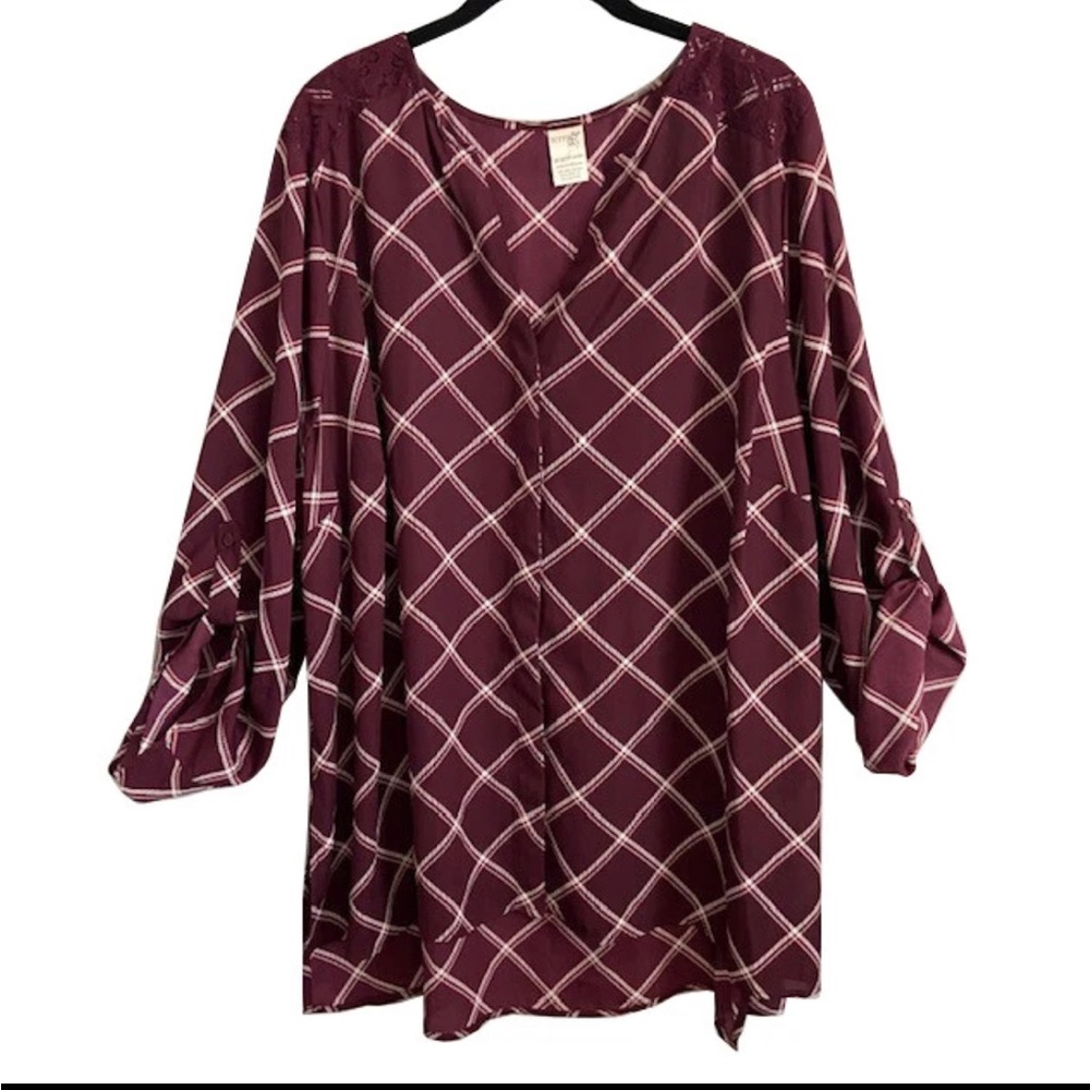 Terra & Sky Burgundy Plaid Blouse plus sz 1X  Lt weight‎ v neck NWT